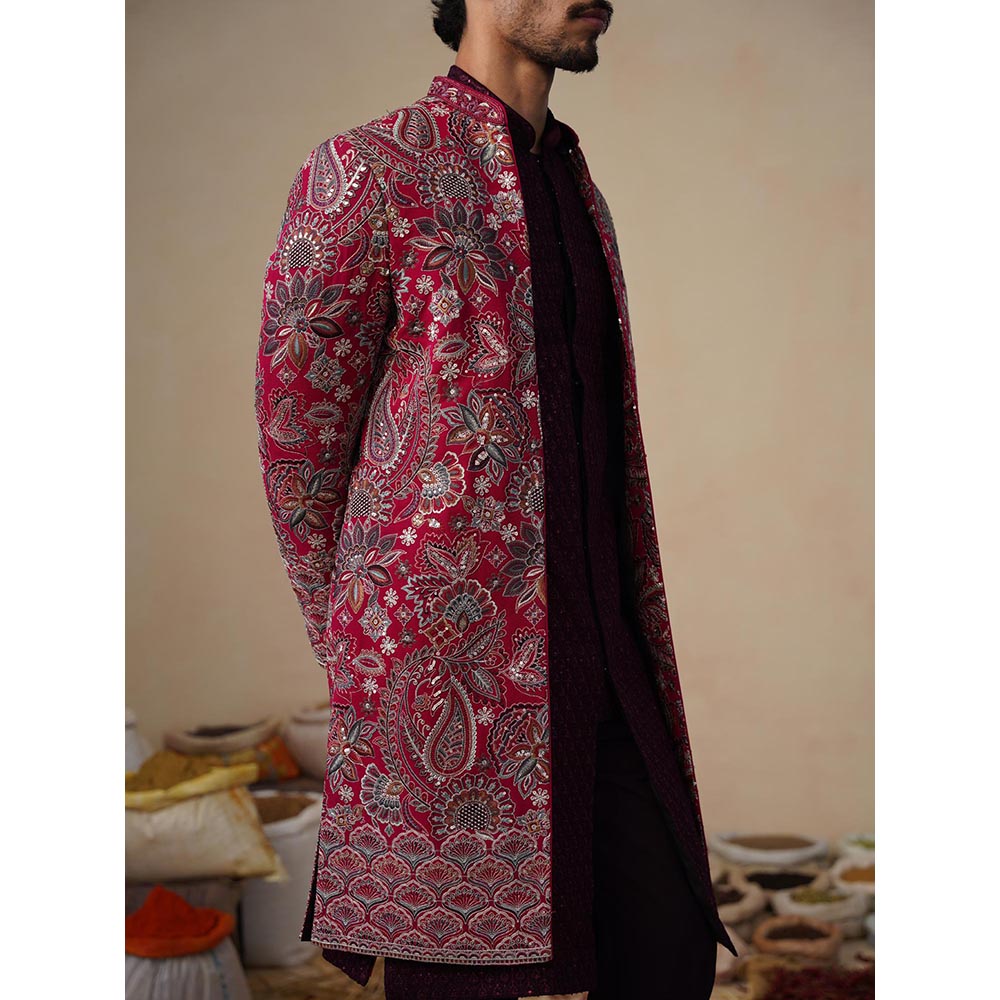 KALPRAAG Ikkat Hot Pink Indowestern Sherwani With Kurta And Pant