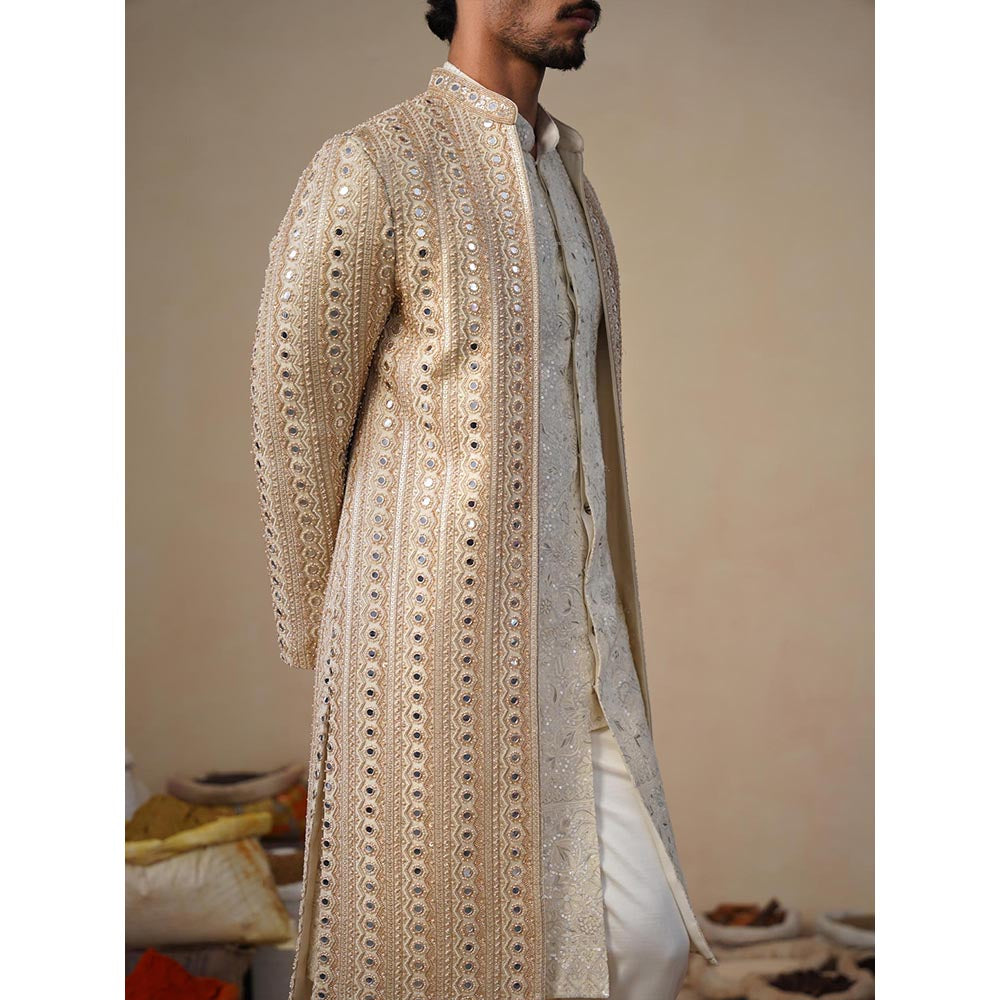 KALPRAAG Sheesha Cut dana Beige Sherwani With Kurta And Pant