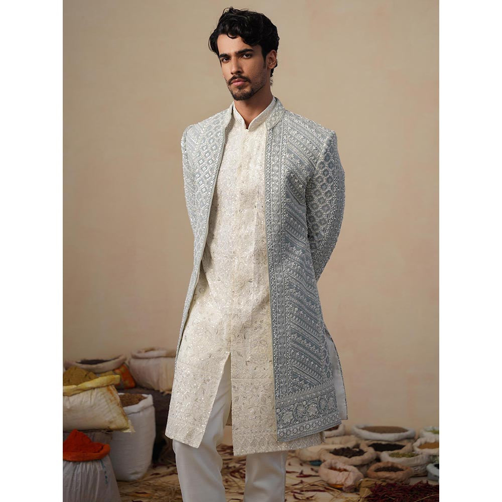 KALPRAAG Blue Noor Cut dana Sky Sherwani With Kurta And Pant