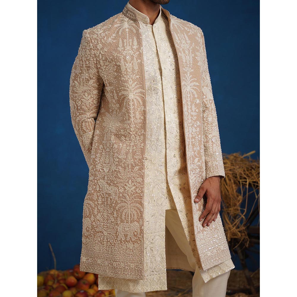 KALPRAAG Zorawar Cut dana Beige Sherwani With Kurta And Pant