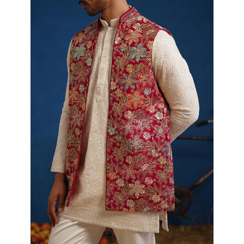 KALPRAAG Devish Hot Pink Short Kurta With Nehru Jacket And Pant