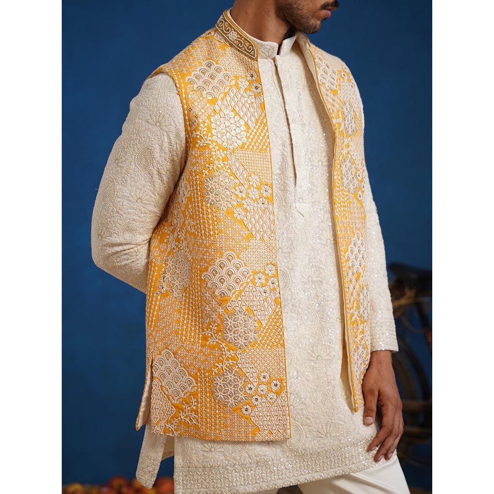 KALPRAAG Yellow Chitray Haldi Short Kurta With Nehru Jacket And Pant