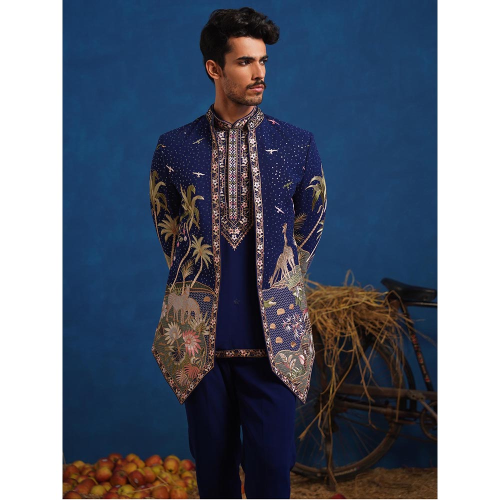 KALPRAAG Forest Navy Blue Jodhpuri Jacket With Short Kurta And Pant