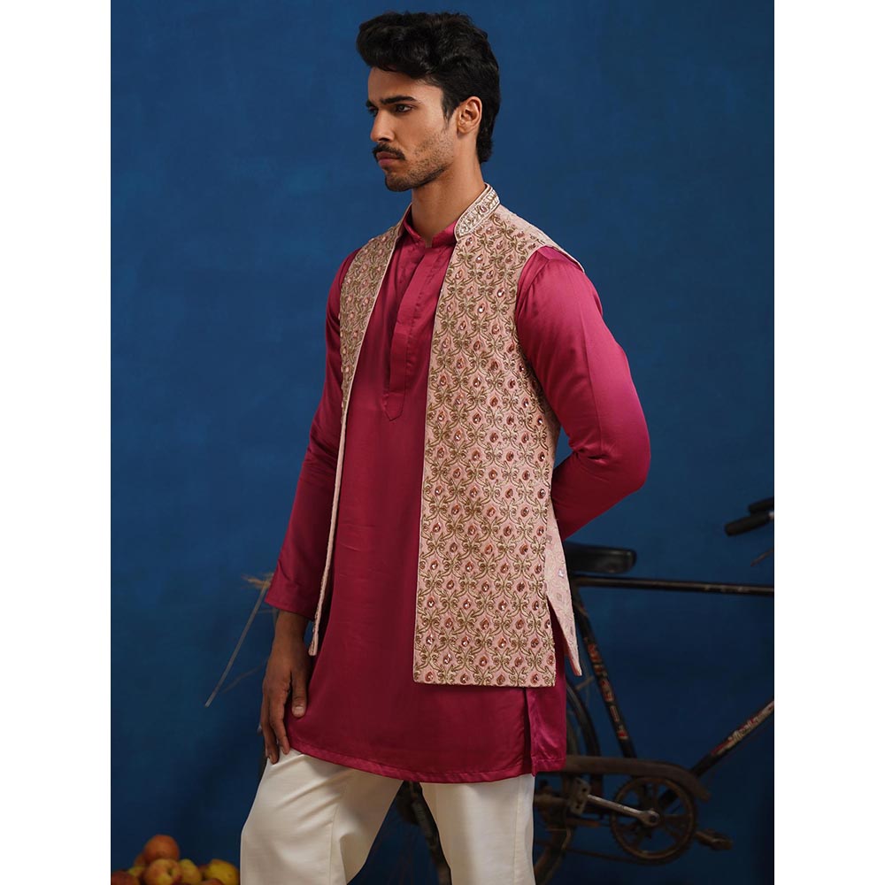 KALPRAAG Trilok Pink Short Kurta With Nehru Jacket And Dupatta