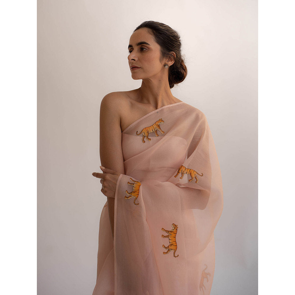 KAPARDARA A Pure Silk Organza Saree In The Shade Of Rose Pink With Hand Painted Motifs