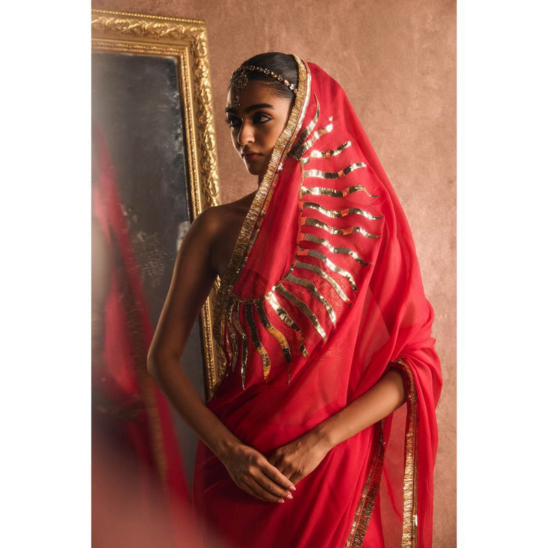 KAPARDARA Persian Red Saree without Blouse