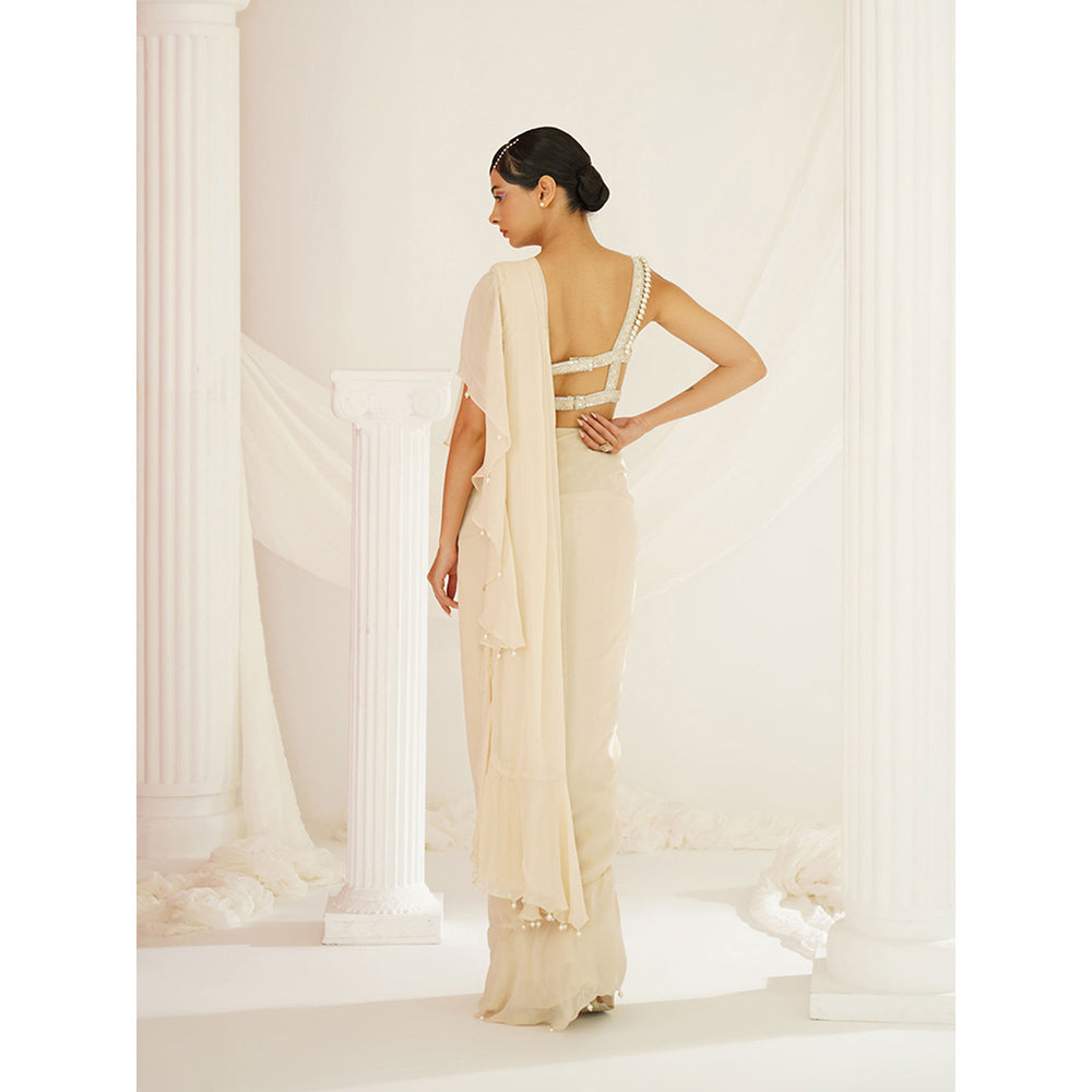 Kapda Dori Ivory Embellished Pre-Draped Ruffle Saree with Stitched Blouse