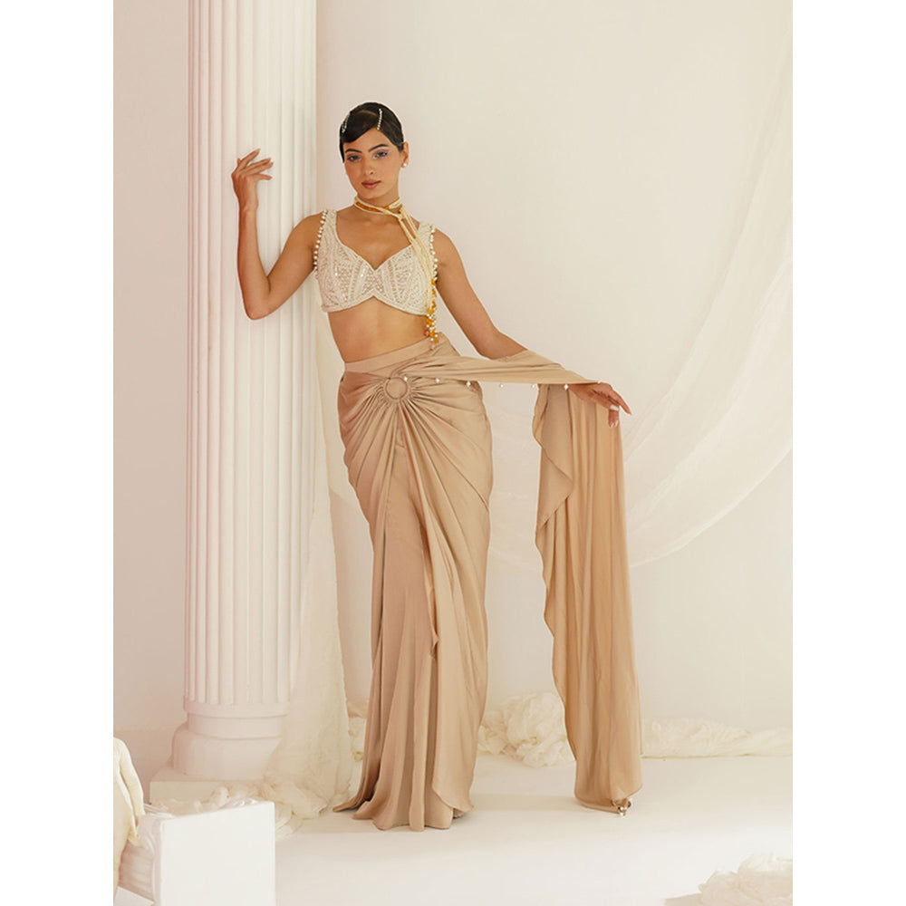 Kapda Dori Nude Embellished Pre-Draped Drape Saree with Stitched Blouse