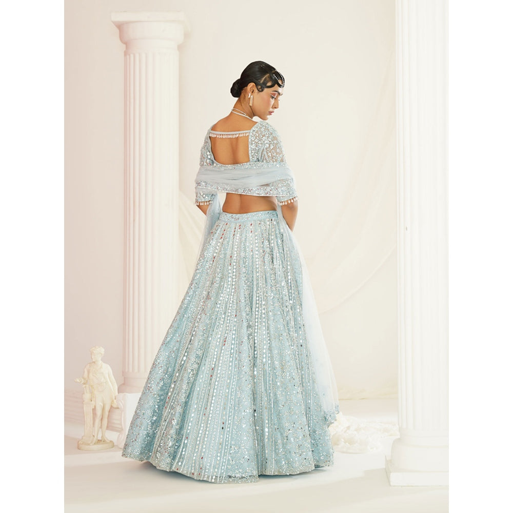 Kapda Dori Aqua Blue Embellished Blouse with Lehenga and Dupatta (Set of 3)