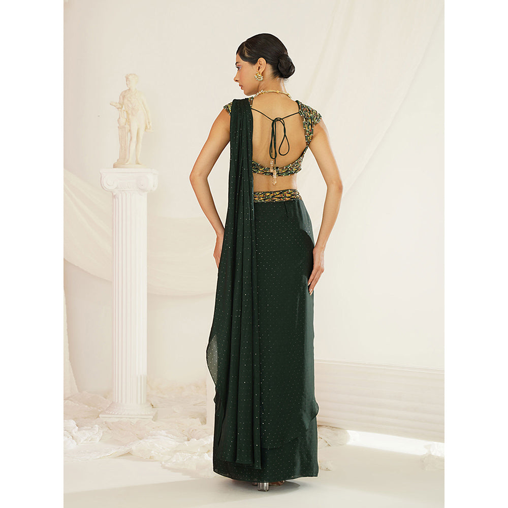 Kapda Dori Forest Green Embroidered Pre-Draped Saree with Stitched Blouse