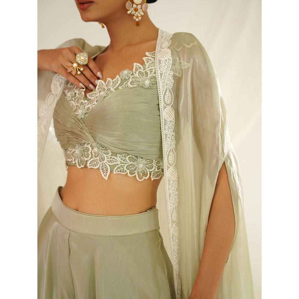 Kapda Dori Sage Green Embroidered Sharara with Blouse and Cape (Set of 3)