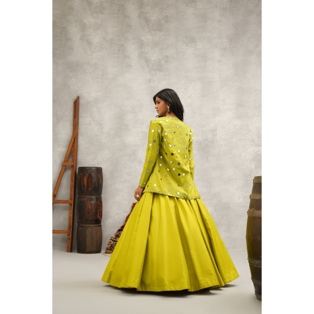 Kapda Dori Lime Green Mirror Work Blouse with Jacket and Lehenga (Set of 3)