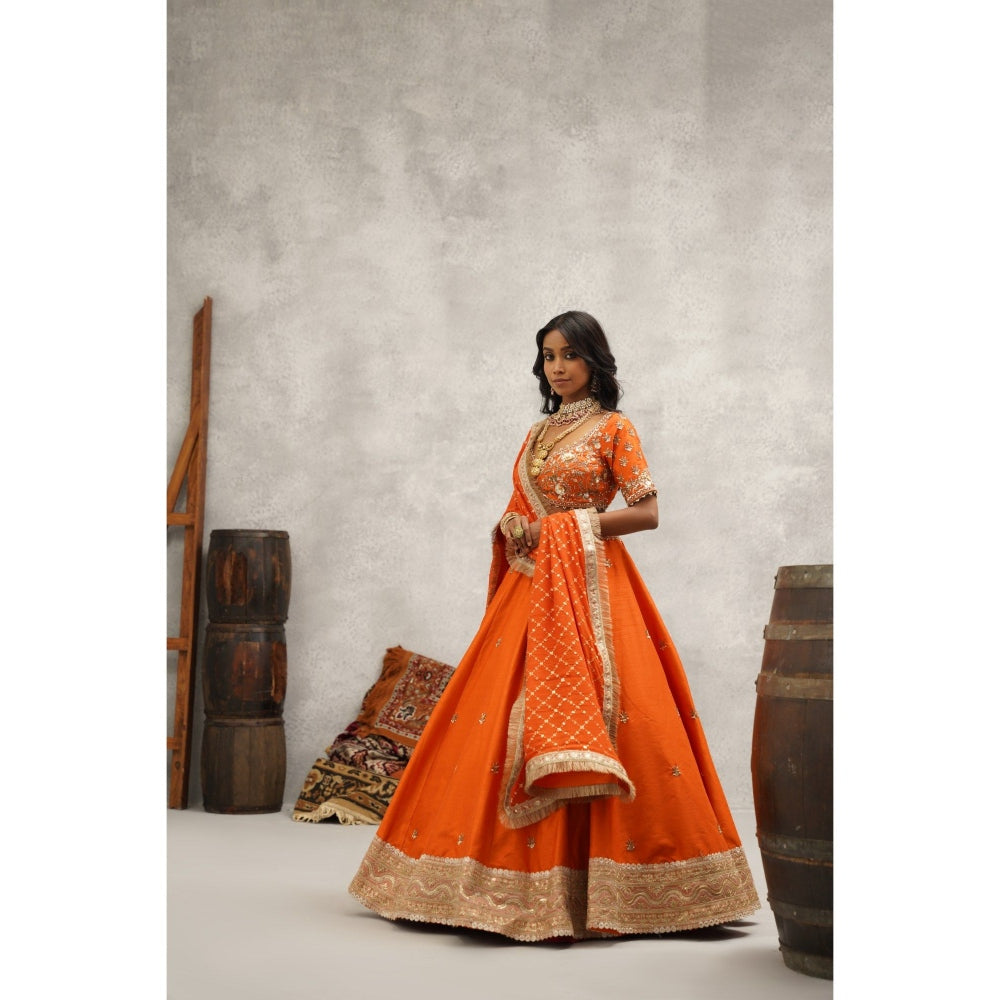 Kapda Dori Orange Embroidered Blouse with Lehenga and Dupatta (Set of 3)