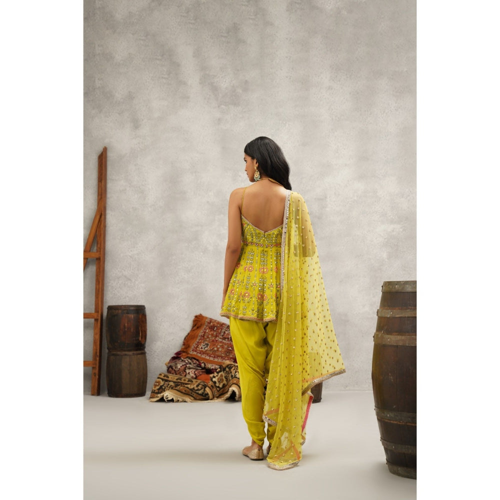 Kapda Dori Lime Green Embroidered Peplum Top with Dhoti and Dupatta (Set of 3)