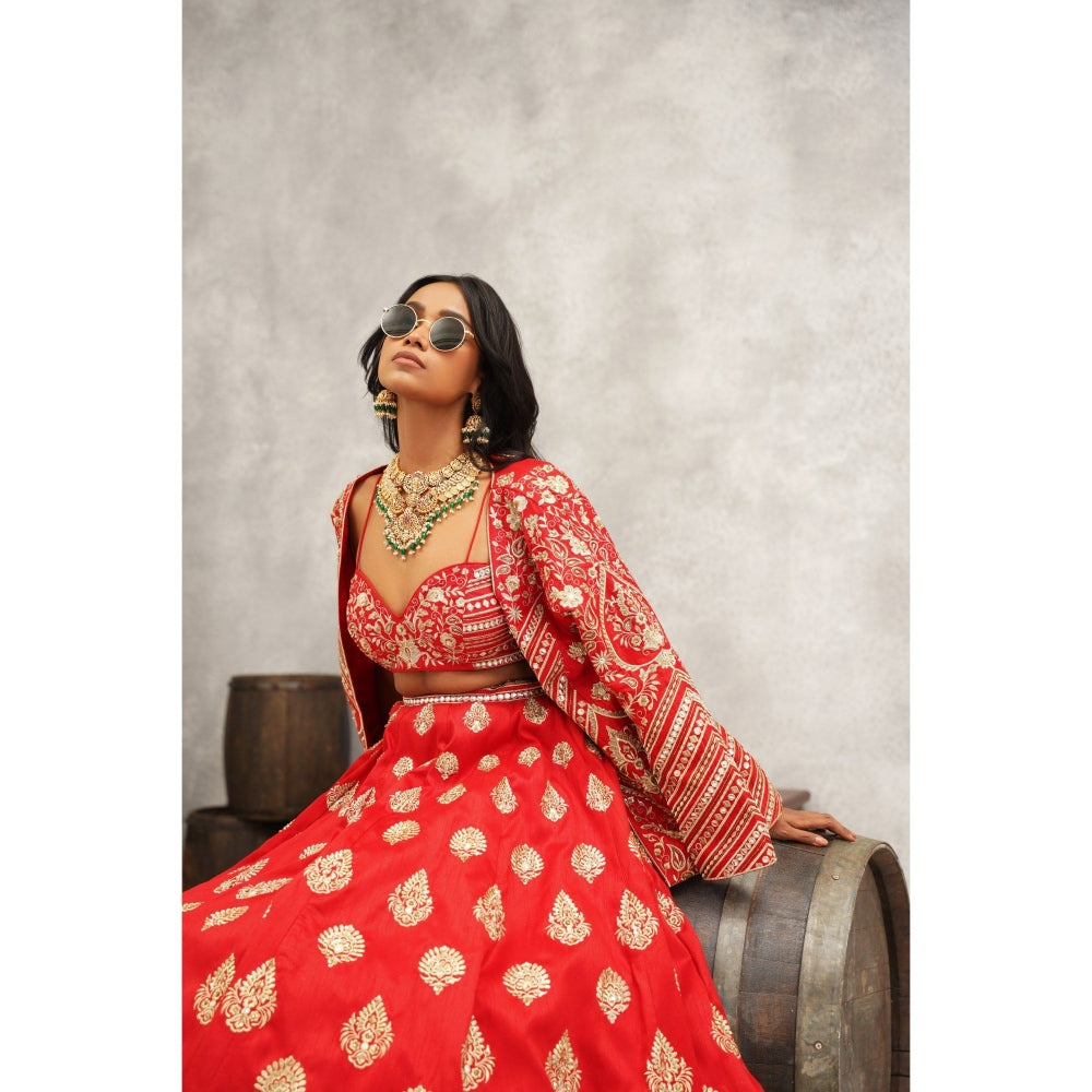 Kapda Dori Red Embroidered Lehenga with Blouse and Jacket (Set of 3)