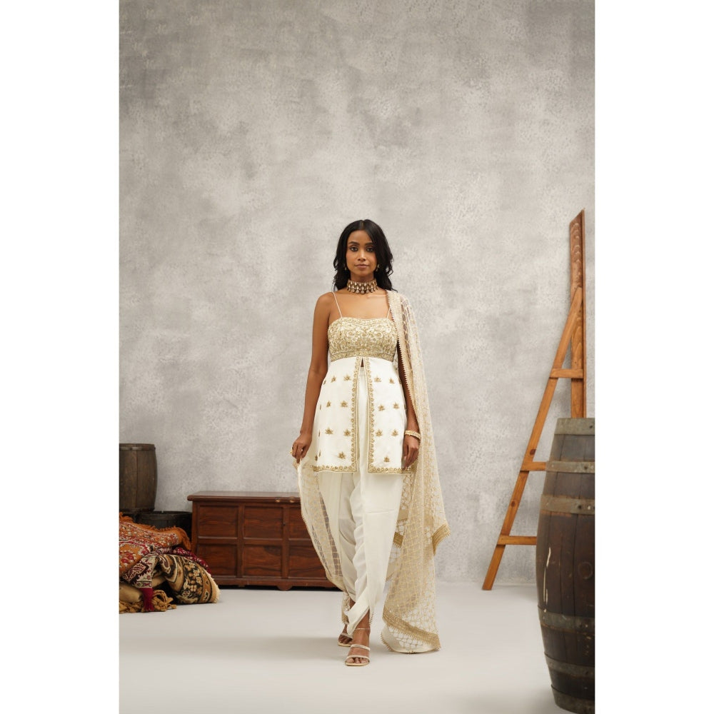 Kapda Dori Ivory Embroidered Peplum Top with Dhoti and Dupatta (Set of 3)