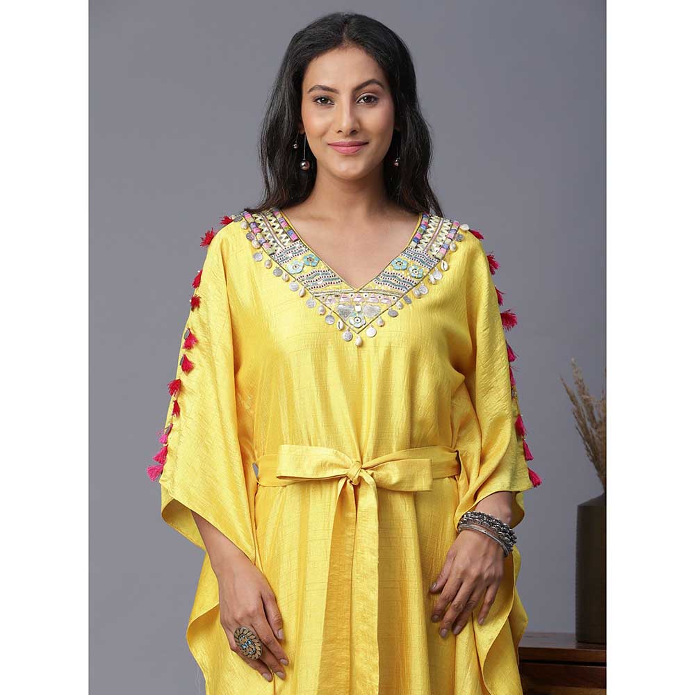 Arpita Sulakshana Blue Flower Hand painted Yellow Kaftan