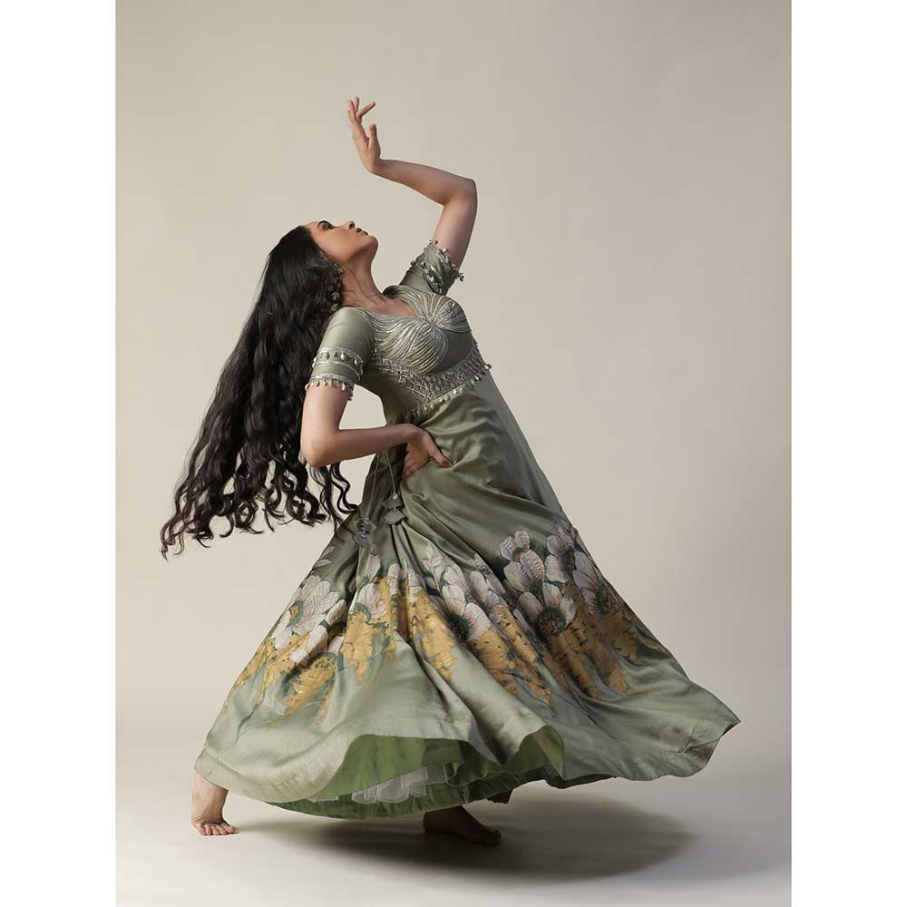 Arpita Sulakshana Pista Green Hand Painted Embellished Chanderi Gown With Dupatta (Set of 2)
