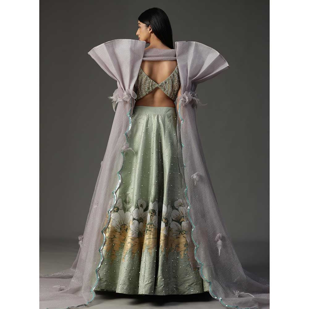Arpita Sulakshana Sea Green Handpainted Lehenga with Blouse and Cape (Set of 3)