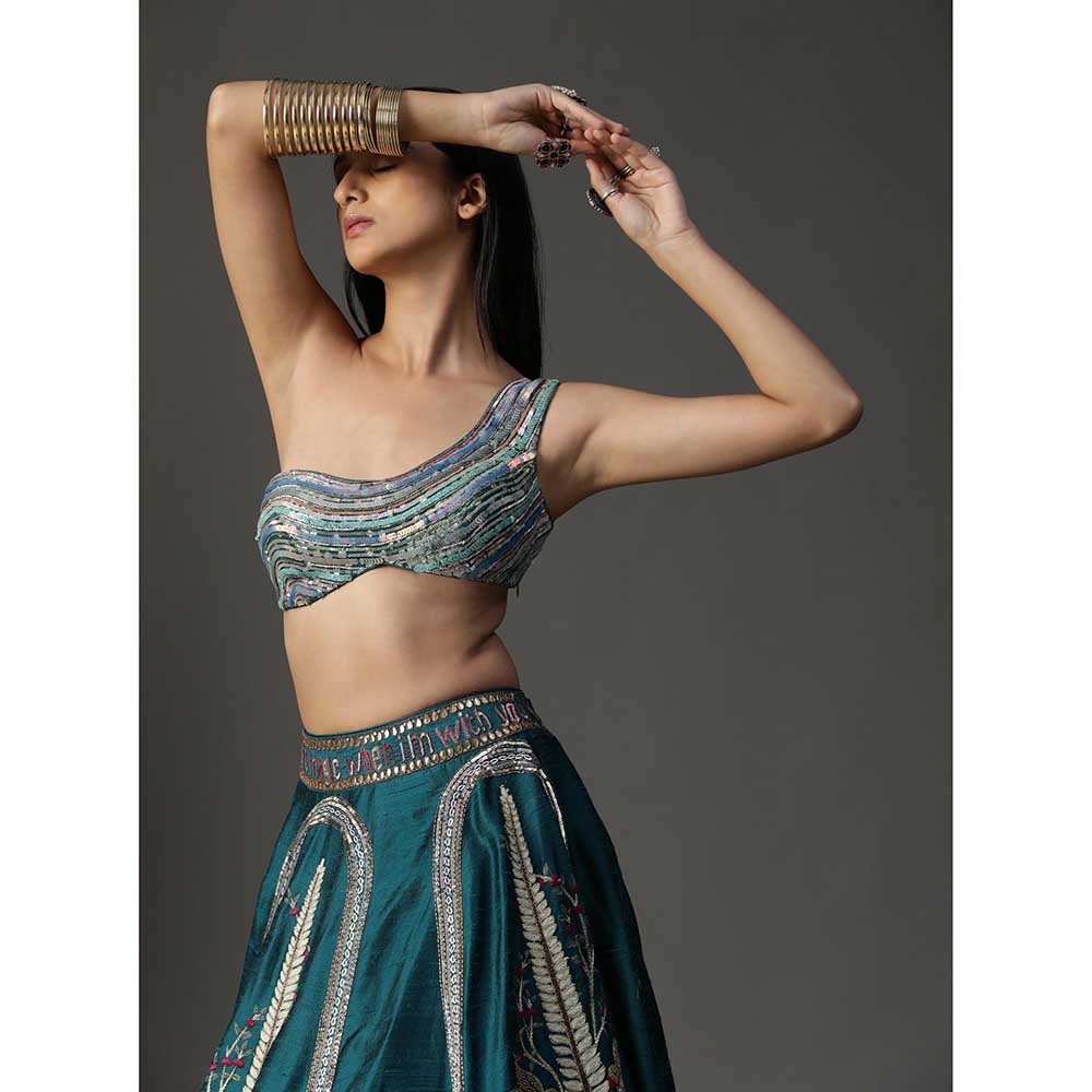 Arpita Sulakshana Teal Blue Handpainted Lehenga with Blouse and Cape (Set of 3)