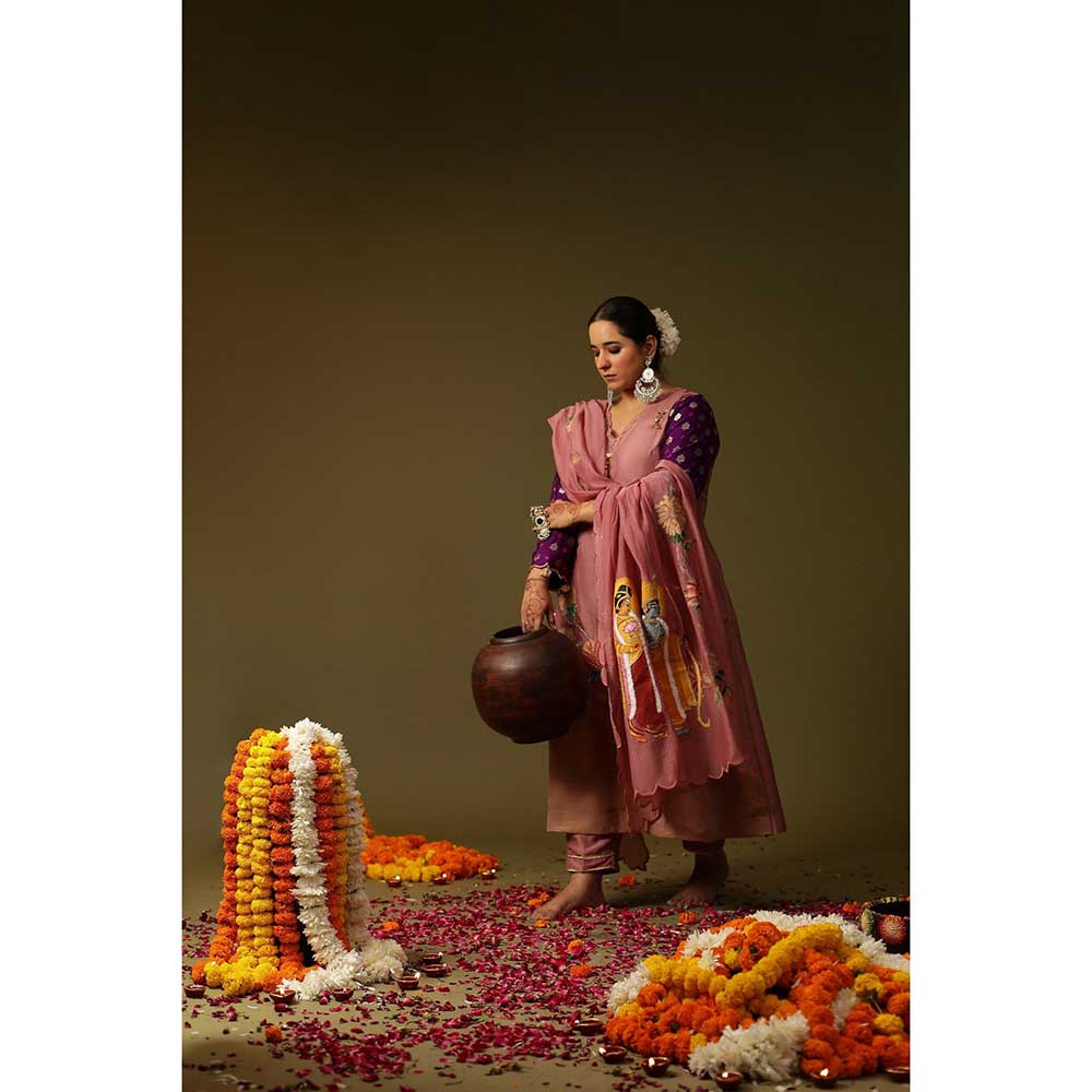 Arpita Sulakshana Pink Ram Sita Hand Painted Kurta with Pant and Dupatta (Set of 3)
