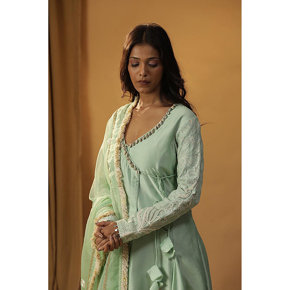 Arpita Sulakshana Pista Green Angrakha Kurta And Pant With Dupatta