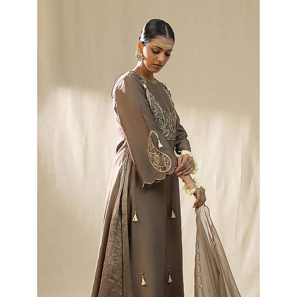Arpita Sulakshana Mocha Ambi A Line Kurta And Pant With Dupatta Set ,Dori Zardozi Resham