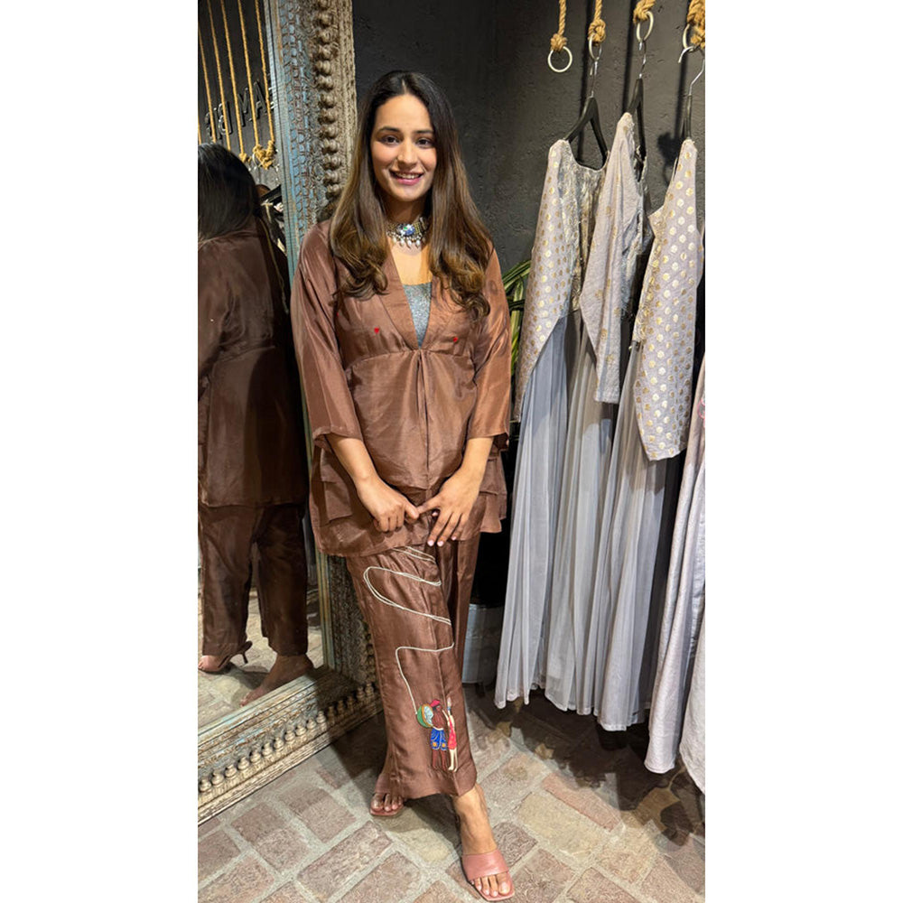 Arpita Sulakshana Brown Jacket Hand painted Buster Top With Trousers Co-Ord Set