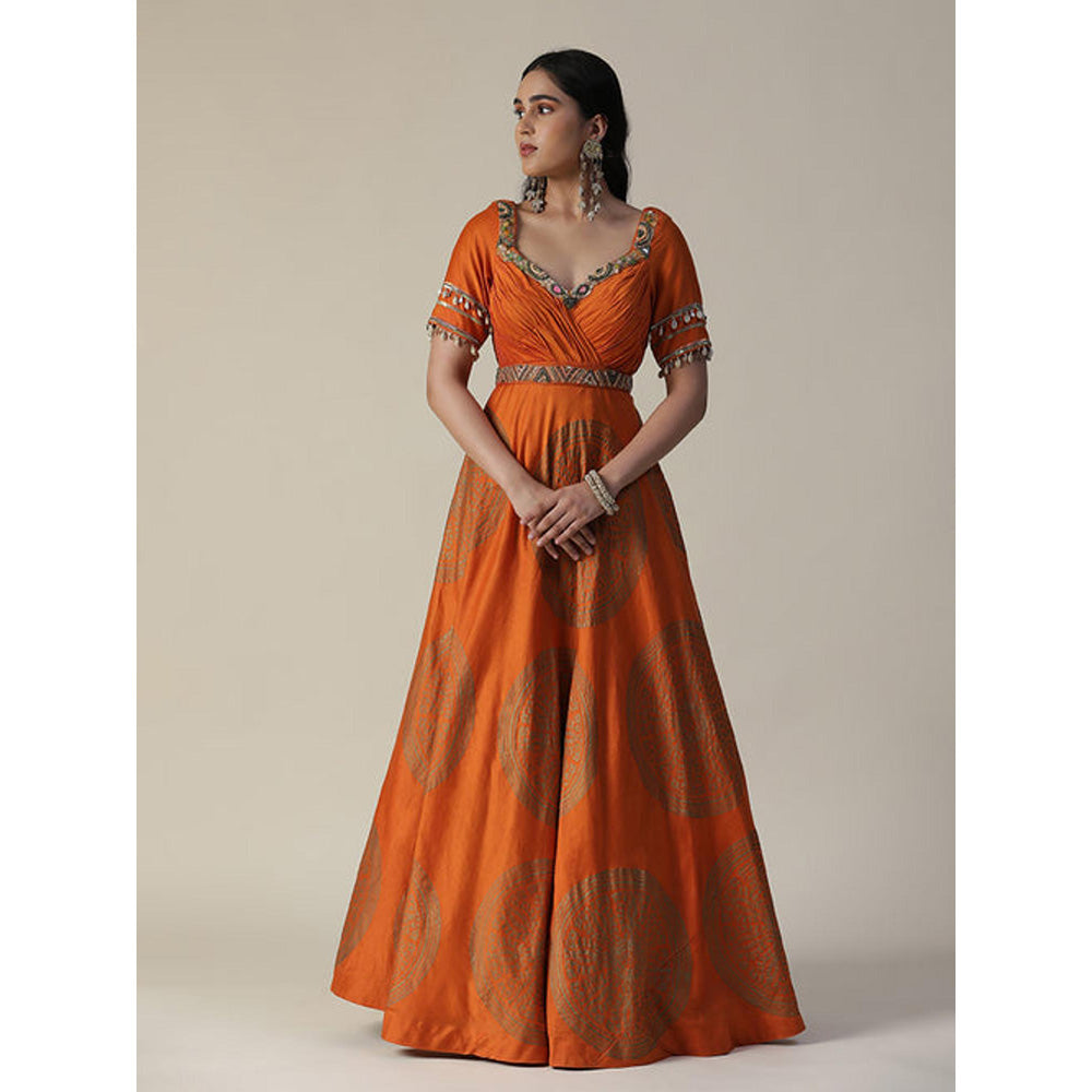 Arpita Sulakshana Burnt Orange Foil Printed Chanderi Gown with Dupatta Set