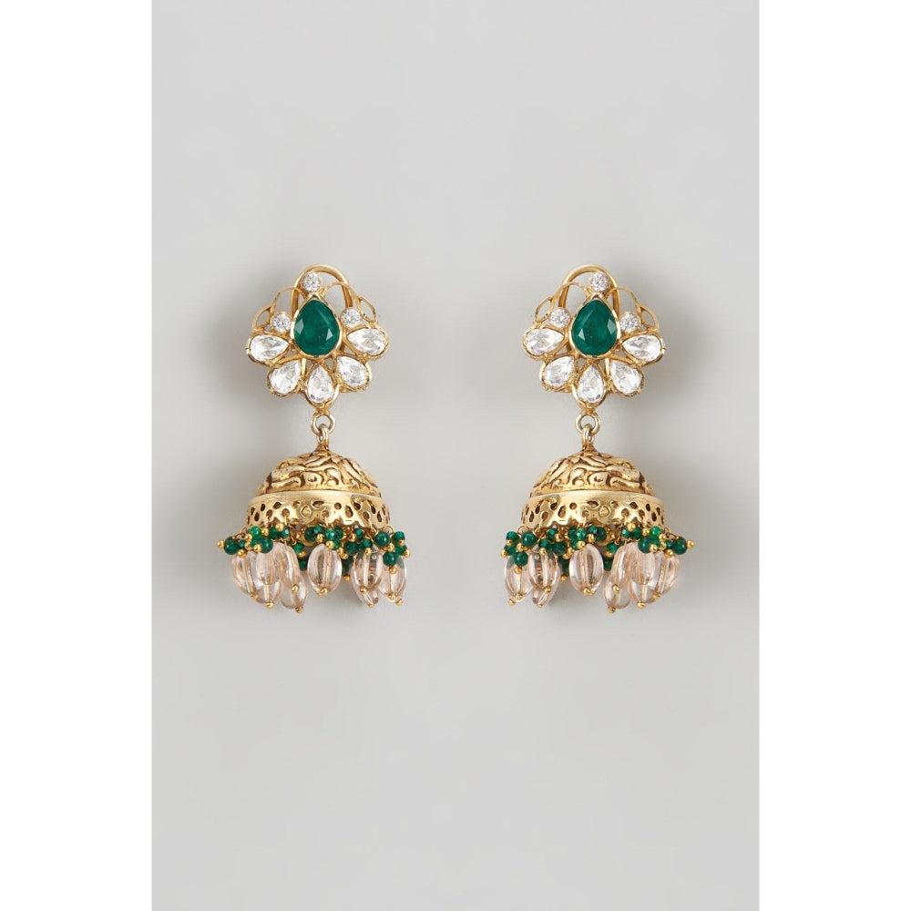 KARISA DESIGNS Green Sukhi Nakshi Beads And Stones Moissanite Jhumkas