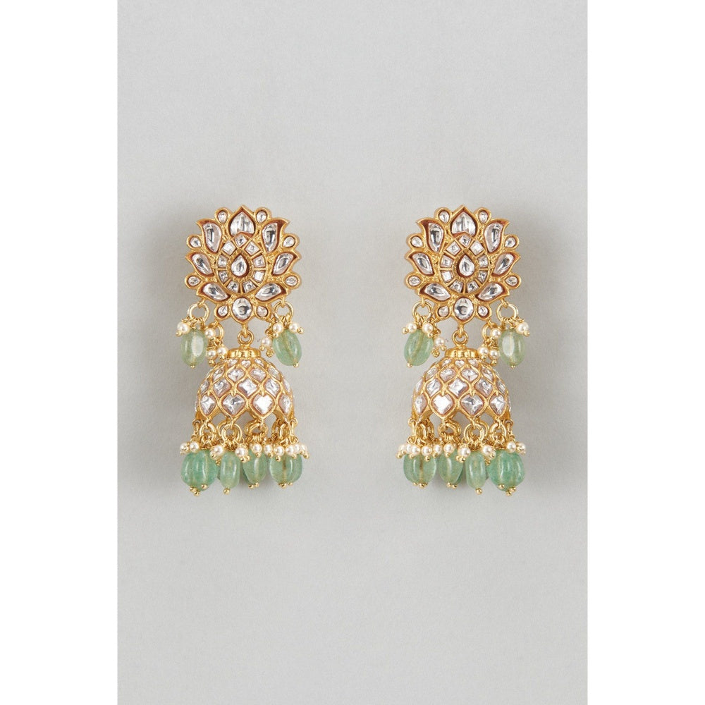 KARISA DESIGNS Green Chandrika Kundan Pearls and Beads Jhumkas