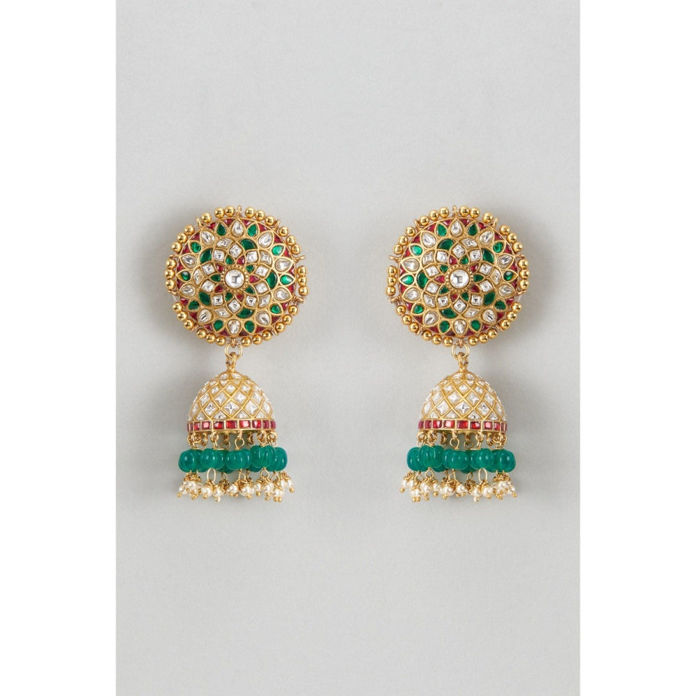 KARISA DESIGNS Green Phool Kundan Pearls and Beads Jhumkas