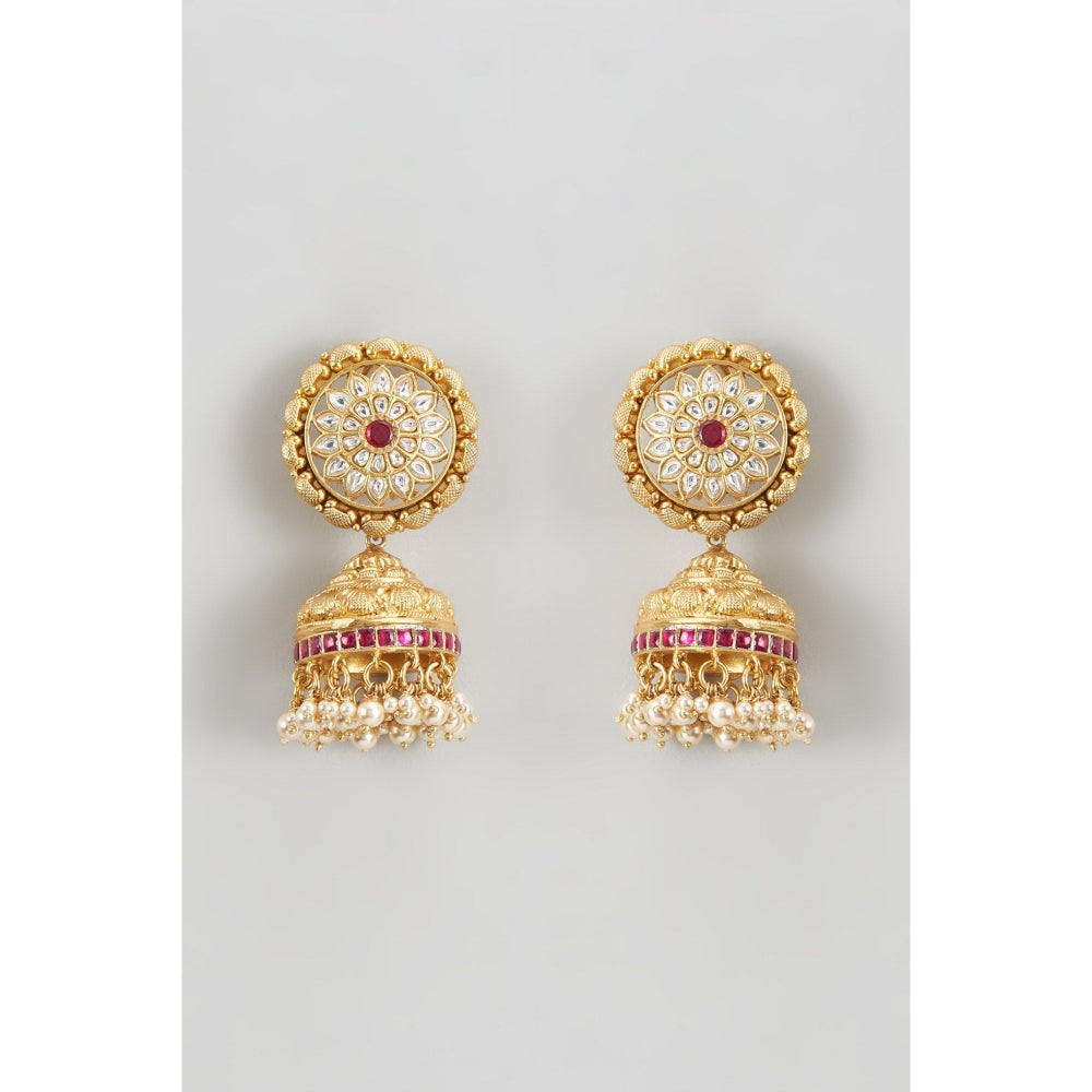 KARISA DESIGNS Purple Adrika Nakshi Pearls and Kundan Jhumkas