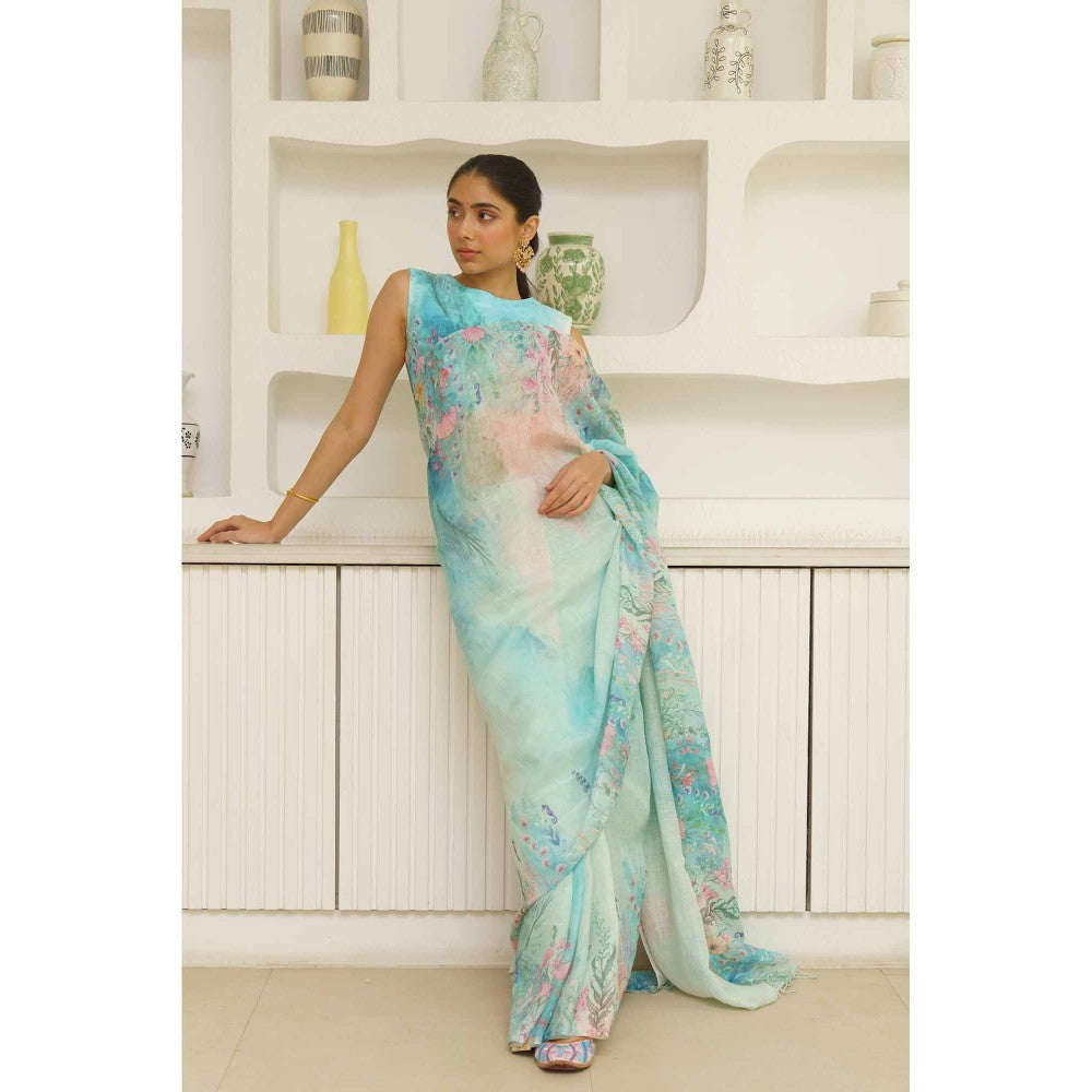 KAVANA Dariya Linen Floral Printed Saree with Unstitched Blouse