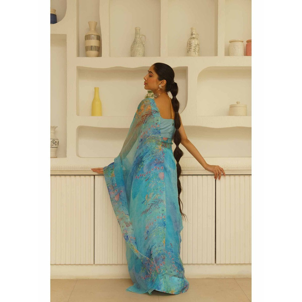 KAVANA Seep Organza Floral Printed Saree with Unstitched Blouse