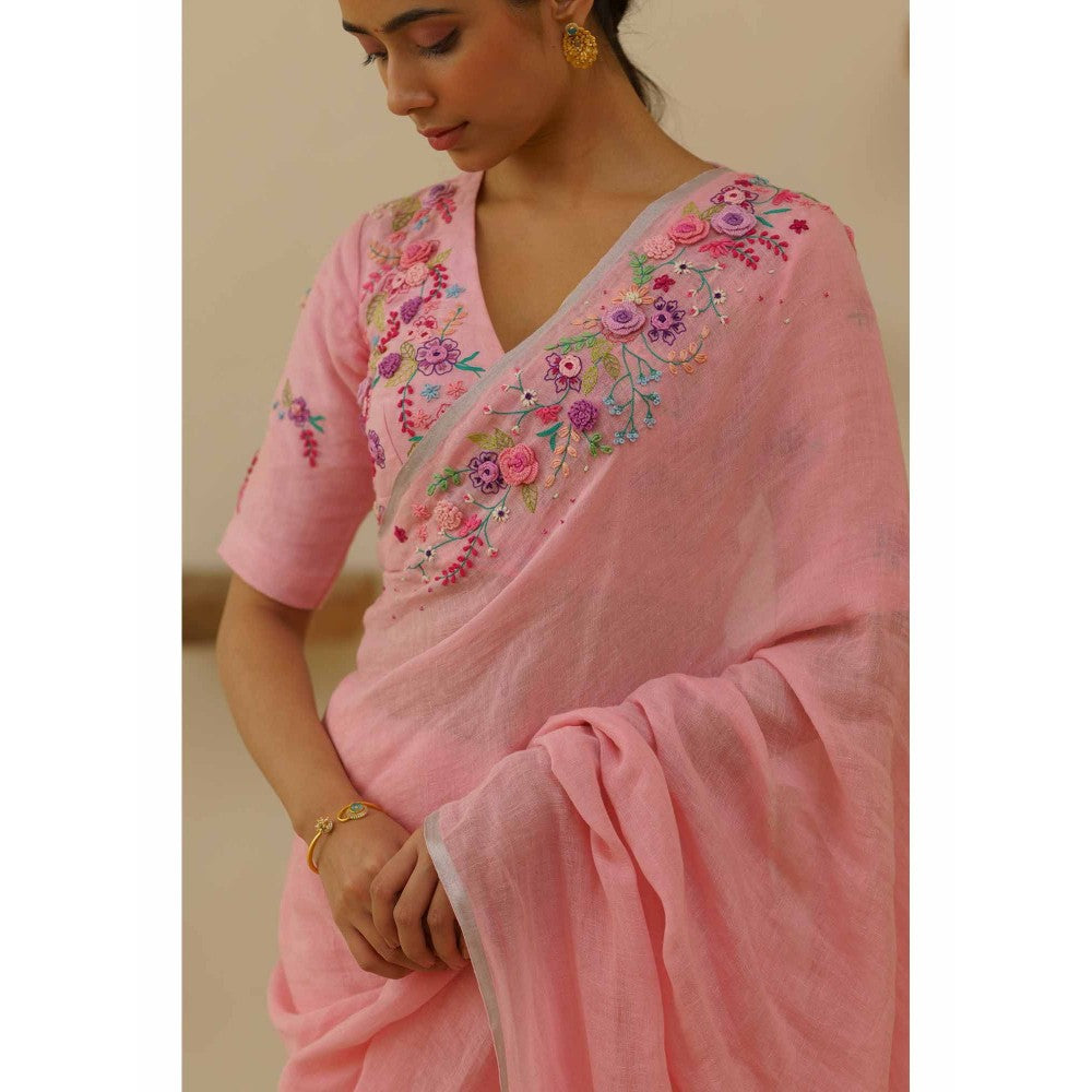 KAVANA Vanya Linen Floral Embroidered Saree with Unstitched Blouse