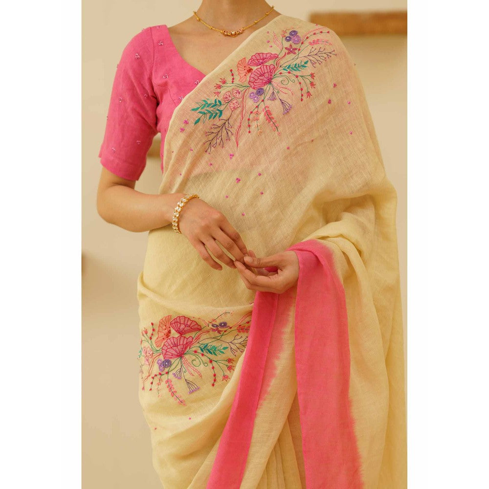 KAVANA Tara Linen Floral Embroidered Saree with Unstitched Blouse