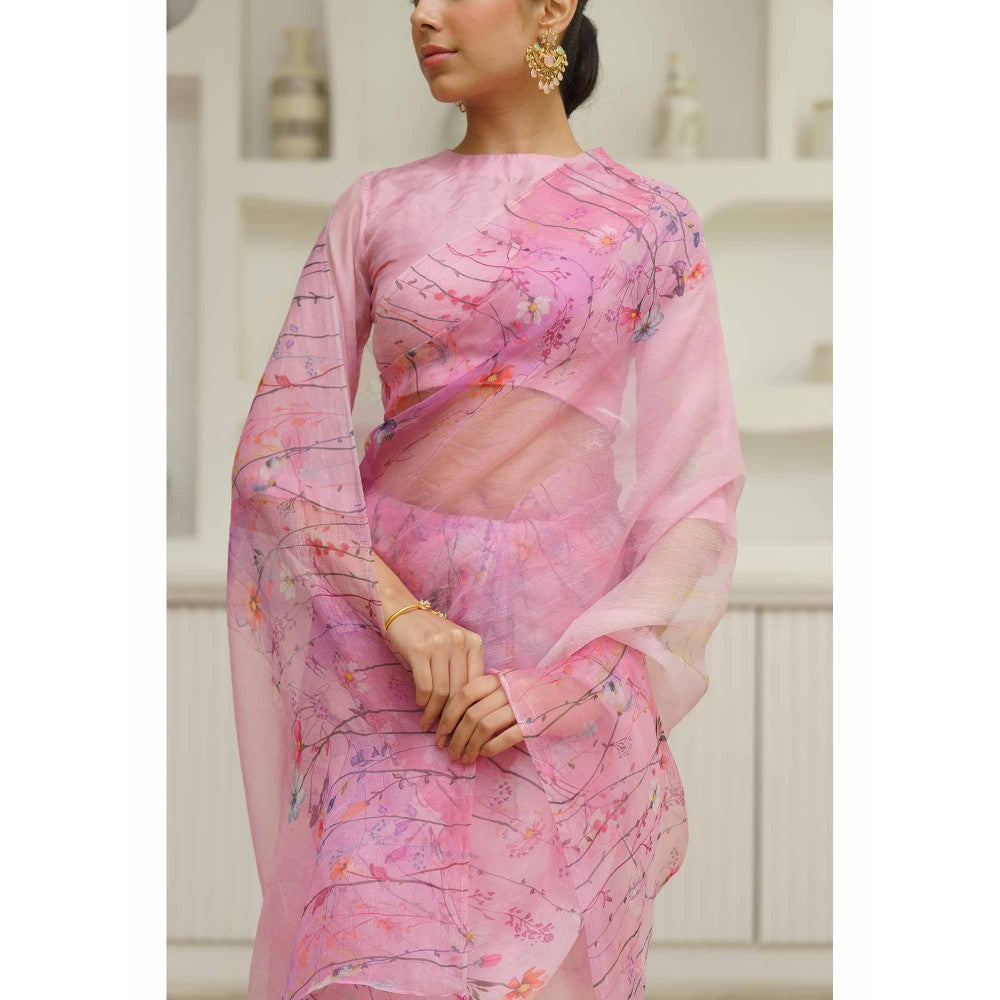 KAVANA Lekha Organza Floral Printed Saree with Unstitched Blouse