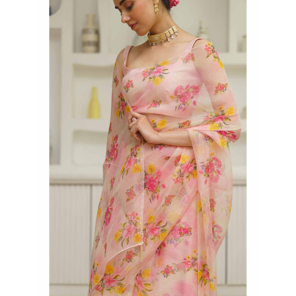 KAVANA Zarin Organza Floral Printed Saree with Unstitched Blouse