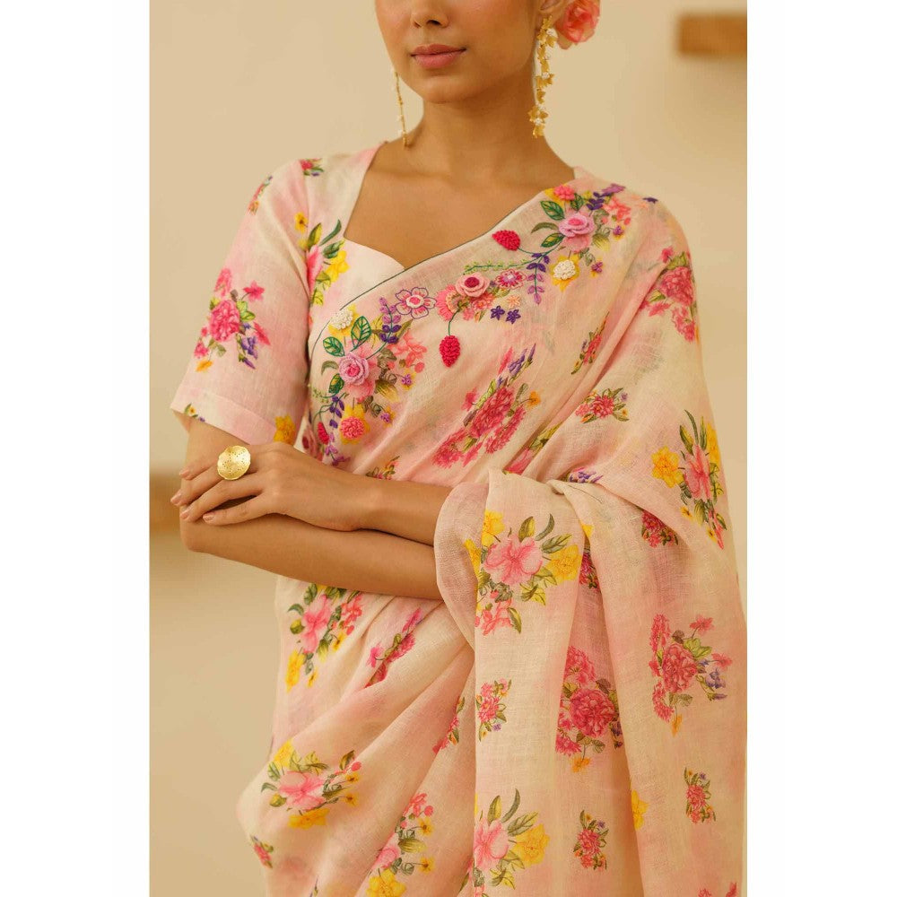 KAVANA Amoli Linen Floral Embroidered Saree with Unstitched Blouse