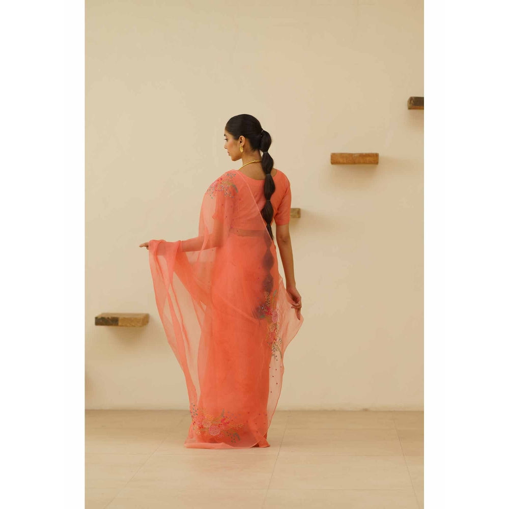 KAVANA Bani Organza Linen Floral Embroidered Saree with Unstitched Blouse