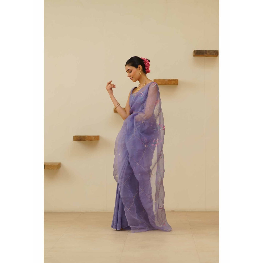 KAVANA Naher Organza Linen Floral Embroidered Saree with Unstitched Blouse