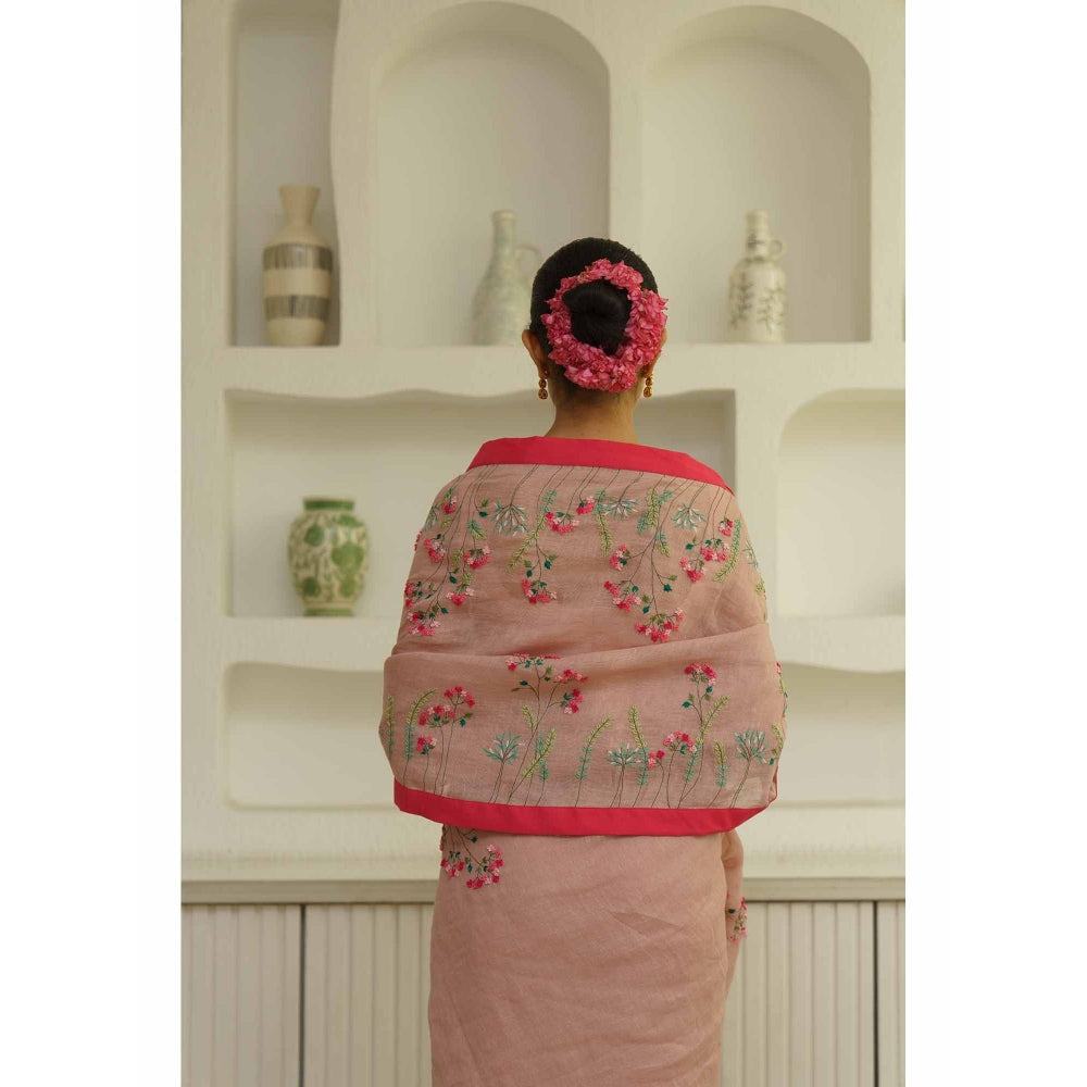 KAVANA Aruna Linen Floral Embroidered Saree with Unstitched Blouse