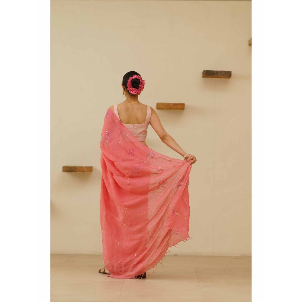 KAVANA Padmini Linen Floral Embroidered Saree with Unstitched Blouse