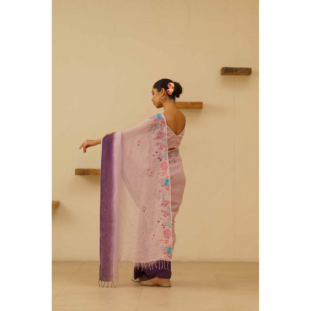 KAVANA Yani Linen Floral Embroidered Saree with Unstitched Blouse