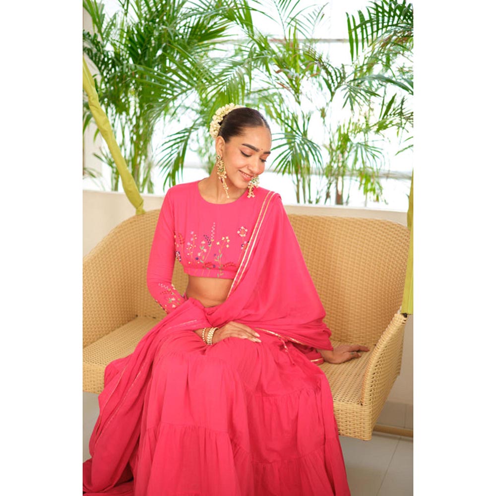 KAVANA Women Pink Gulbano Cotton Lehenga with Stitched Blouse and Dupatta