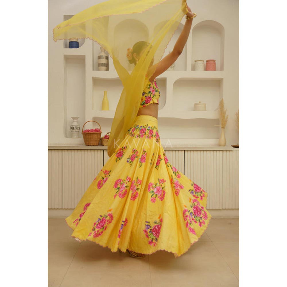 KAVANA Women Yellow Gauri Lehenga with Stitched Blouse and Dupatta