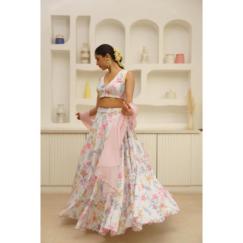 KAVANA Women White Bindu Lehenga with Stitched Blouse and Dupatta