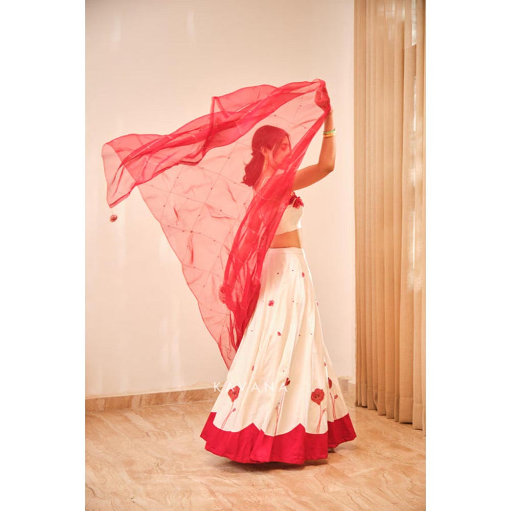 KAVANA Women White Anaar Dana Lehenga with Stitched Blouse and Dupatta