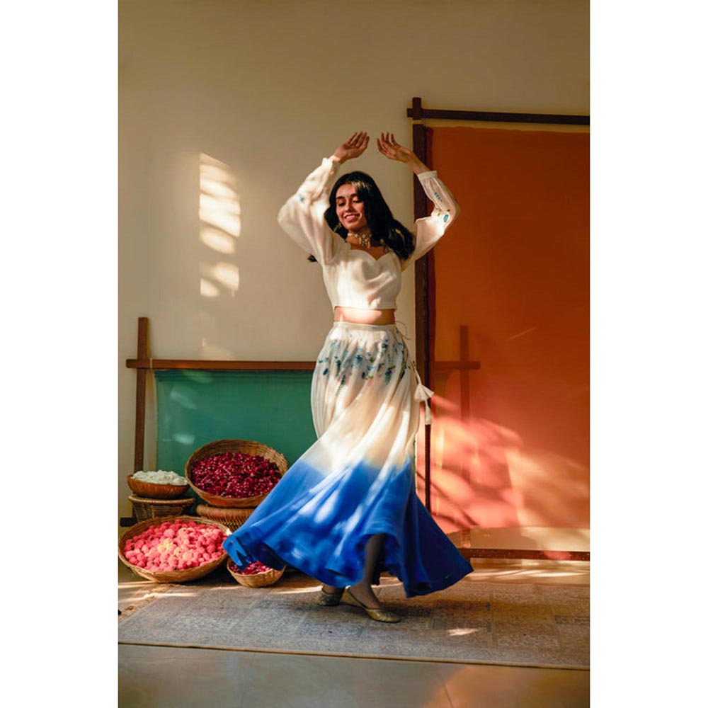 KAVANA Women Indigo Amber Lehenga with Stitched Blouse and Dupatta